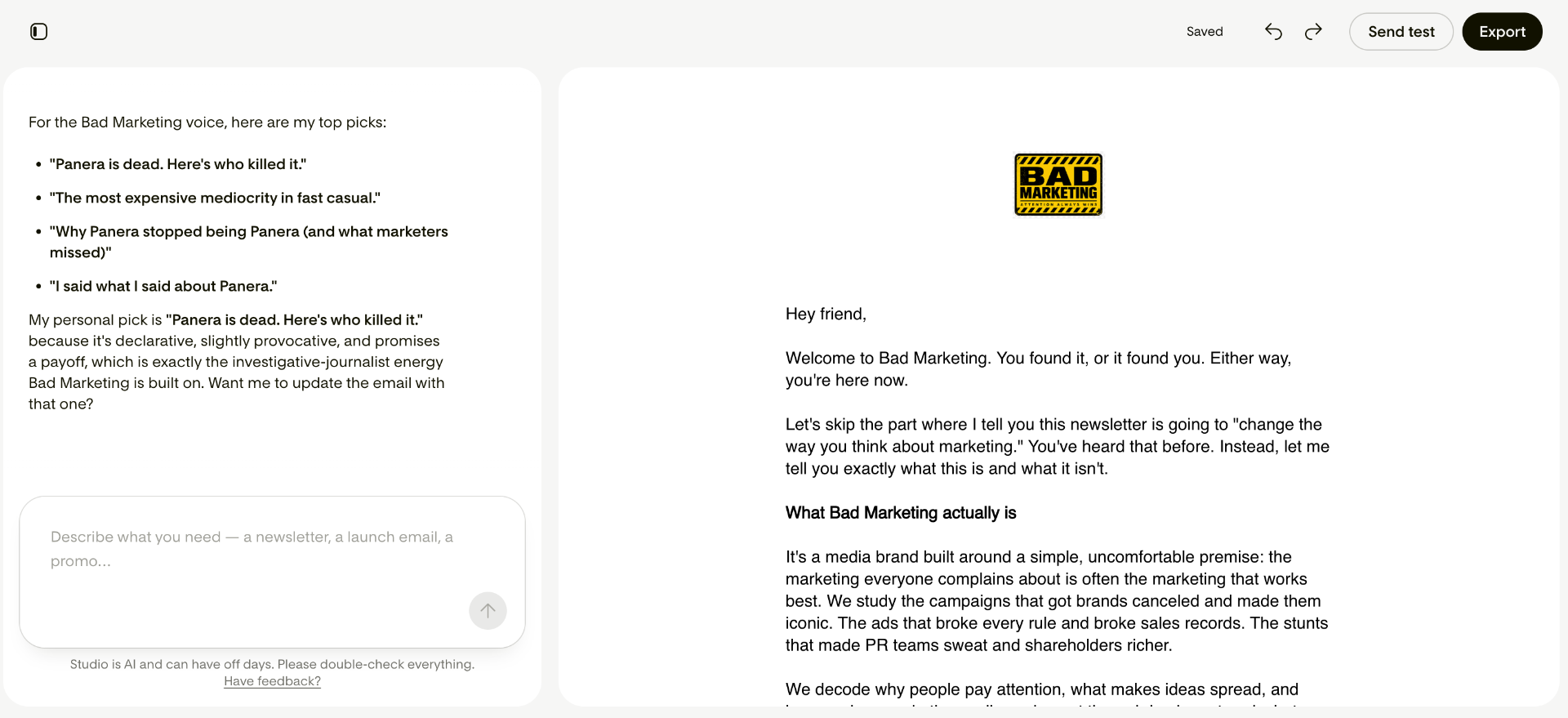 Studio's generated first draft of the Bad Marketing intro email