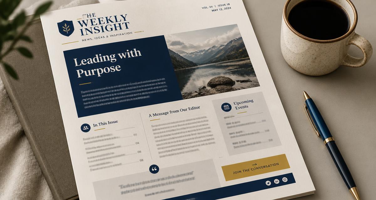 Printed newsletter layout showing a headline block, short body paragraphs and a single highlighted call-to-action button